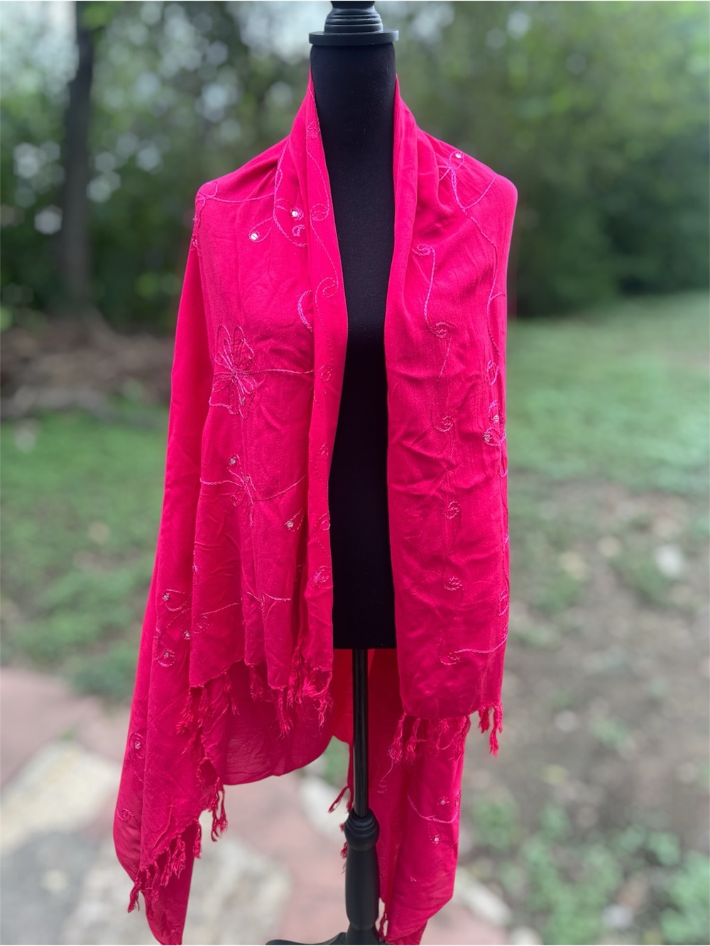 Bright Pink Sequin Floral Embroidered Wrap Fringe Hem Colorful Boho 60”x43”